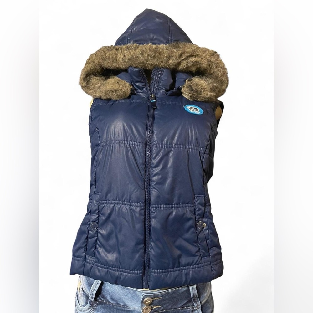 Aeropostale Navy Hooded Vest with Faux Fur Trim